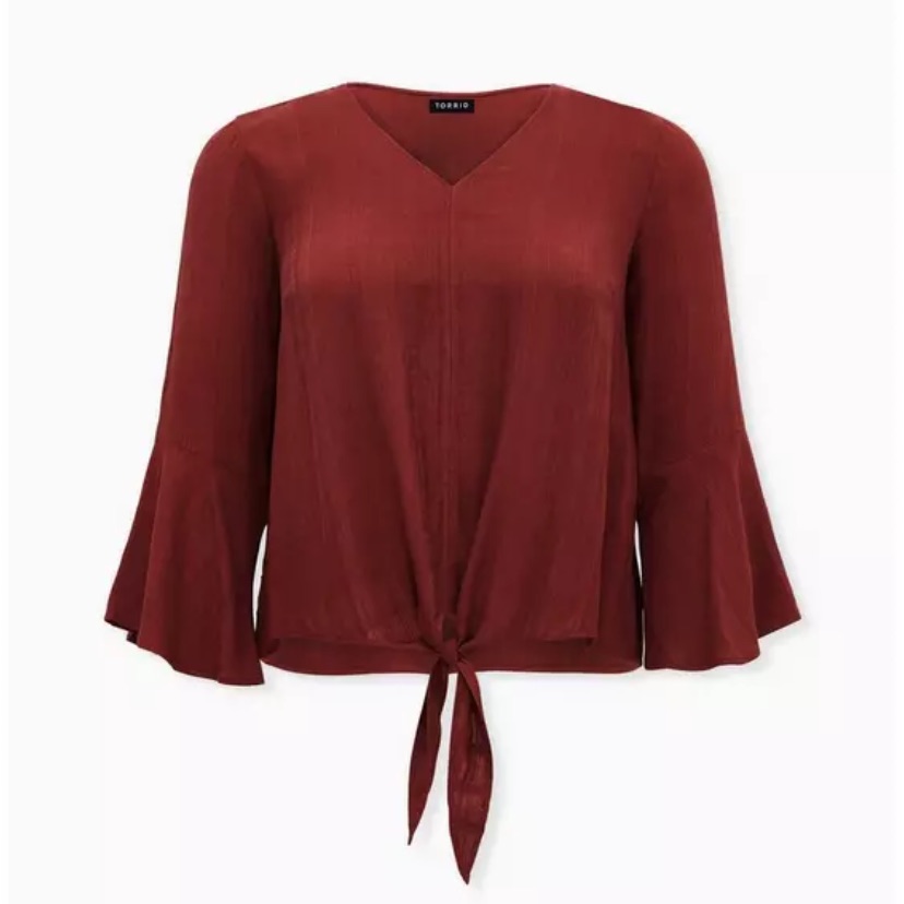 Torrid Size 00x 10 M/L Brick Red Textured Tie Front Midi Blouse